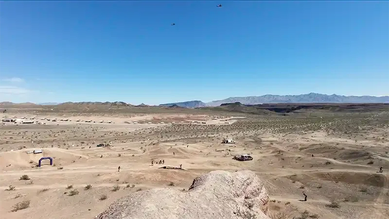 Drone view of the course showing the gaps, stairs, and racers.