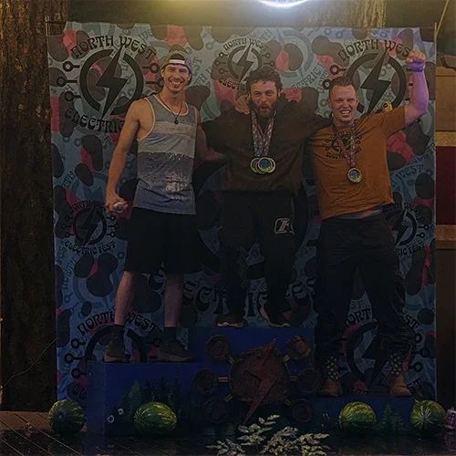 Joshua Fagerness, Zac Darnell, and Justin Davis on the Mens Pro podium at Northwest Electric Fest 2026