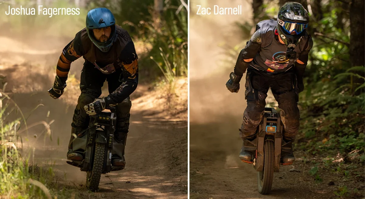 Joshua Fagerness and Zac Darnell racing electric unicycles at Northwest Electric Fest 2026