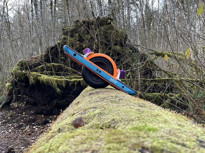 A blue Onewheel Pint with an orange bumper and purple footpads propped on a mossy fallen log in a bare winter forest